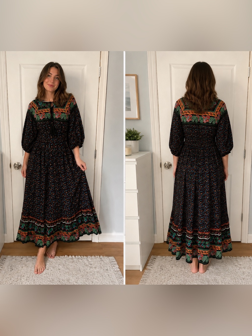 Bohemian Black Floral Maxi Dress with Tassel Tie